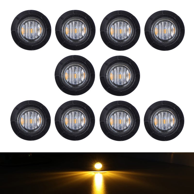 TMH 34 Inch Clear Lens Amber 3 LED Clearance Side Marker Indicator Lights Round Mini Lamp with Rubber 12V DC for Truck Lorry Tow Trailer Car Pack of 10