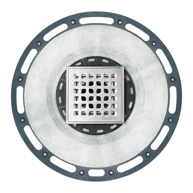 Neodrain 4 in Square Shower Drain Brushed 304 Stainless Steel Drain Grate Removable Drain Key with Waterproof Fabric, PVC Bonding Flange Base for Low Profile Shower Pan - Image 3