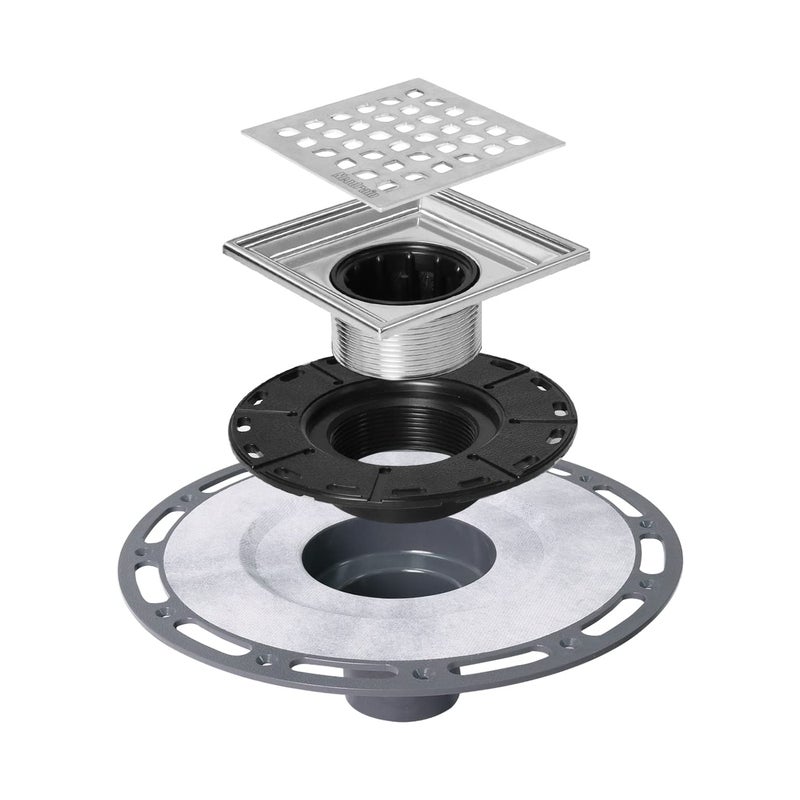 Neodrain 4 in Square Shower Drain Brushed 304 Stainless Steel Drain Grate Removable Drain Key with Waterproof Fabric, PVC Bonding Flange Base for Low Profile Shower Pan - Image 1