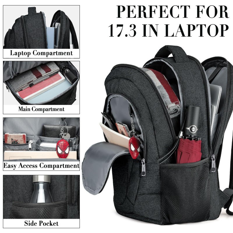 BIKROD Travel Laptop Backpack, 17 Inch Extra Large School Backpacks for Teen Boys and Girls, Black Water Resistant Women Back Pack, Business Men Sturdy Computer Bag - Image 2