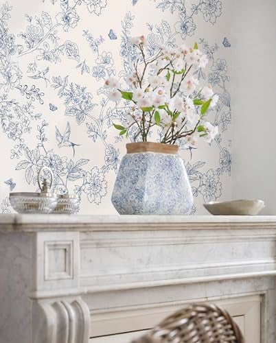 Froluya Cream White and Blue Floral Wallpaper Peel and Stick Wallpaper 17.7"x393.7" Vintage Floral Peel and Stick Wall Paper Removable Boho Self Adhesive Contact Paper for Bedroom Bathroom Vinyl - Image 4