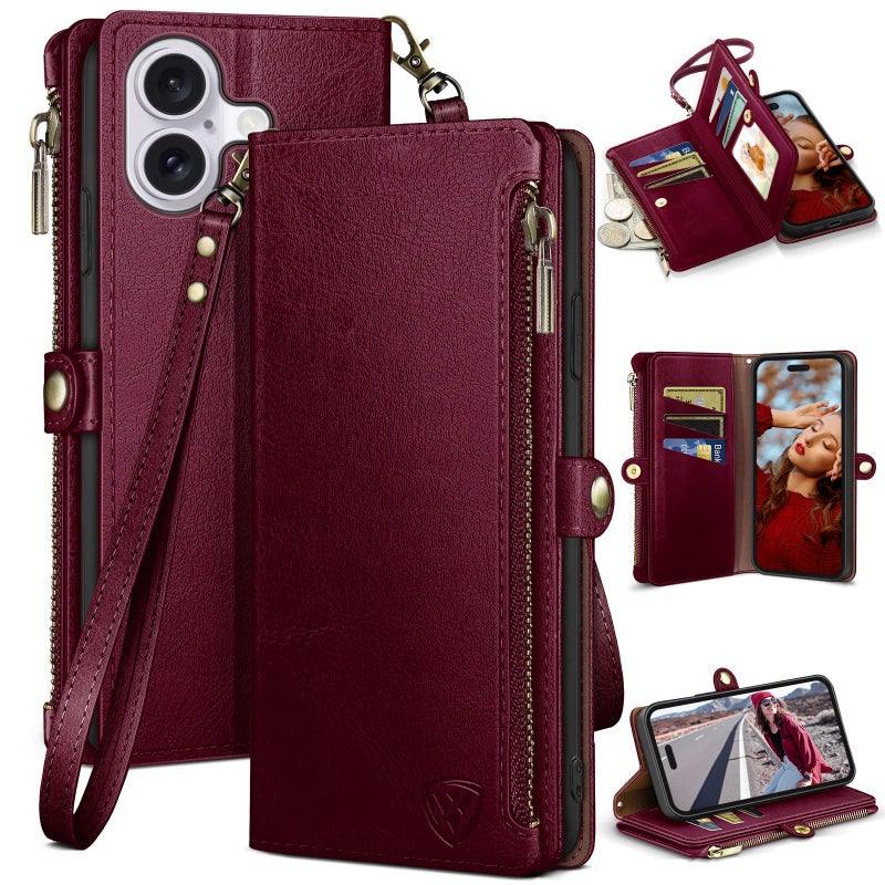 XcaseBar compatible with iPhone 16 6.1" Wallet case with Zipper Credit Card Holderã€RFID Blockingã€‘,Flip Folio Book PU Leather Phone case Shockproof Cover Men Women for Apple 16 case Wine Red - Image 1