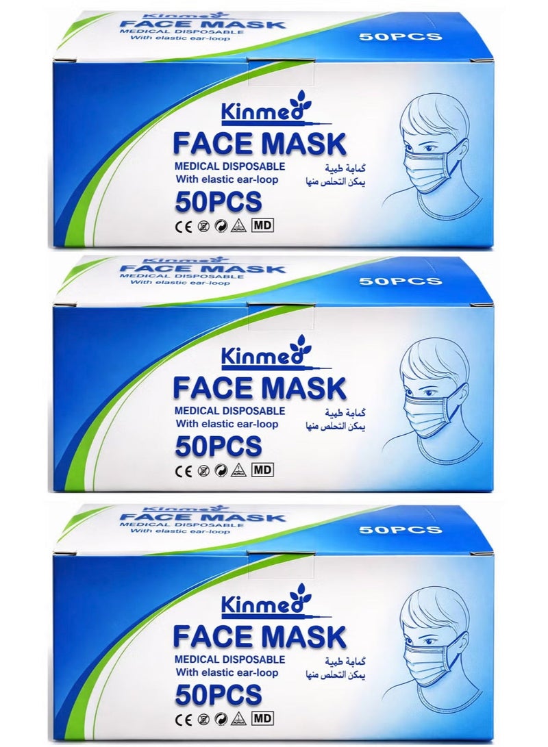 كينميد 3 عبوات العبوة 50 قطعة كمامات طبية عالية الجودة قناع وجه أزرق 3 طبقات برباط مطاطي - Image 2