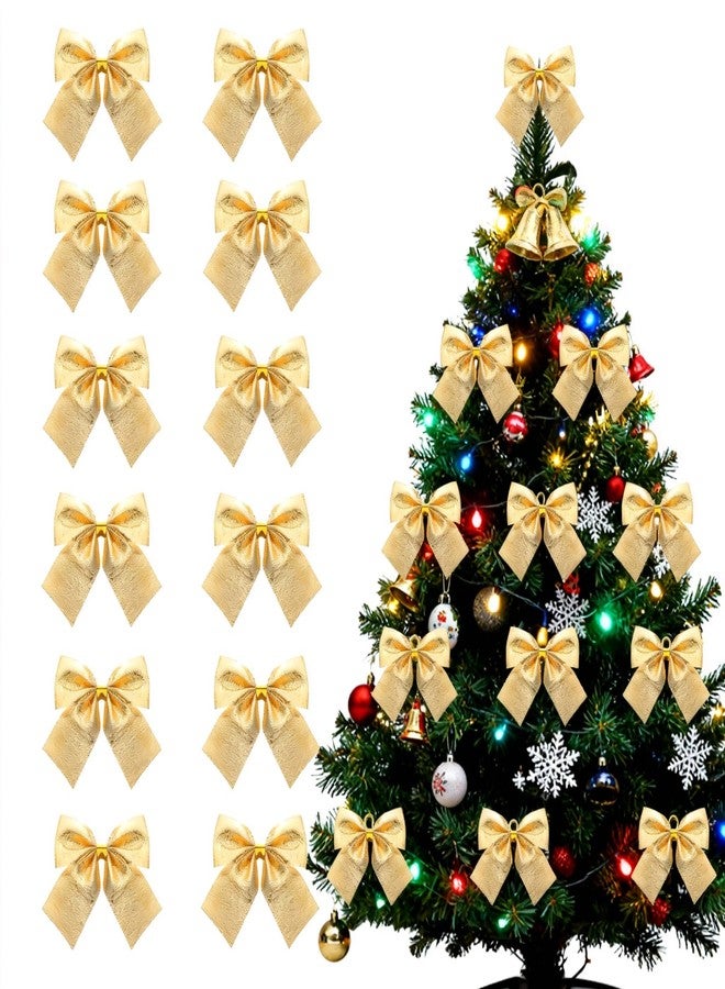 جارنيك مجموعة جارنيك من 12 قطعة من زينة فيونكات ذهبية لشجرة عيد الميلاد، فيونكات مخملية ذهبية صغيرة مزينة بشريط ذهبي لأكاليل الأشجار وأكياس الهدايا وحفلات الكريسماس. - Image 1