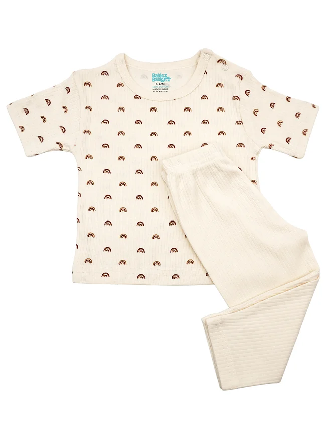 بابيز_بيسك Babies Basic Premium Ribbed Cotton Short Sleeves T-Shirt and Plain Pyjama Set