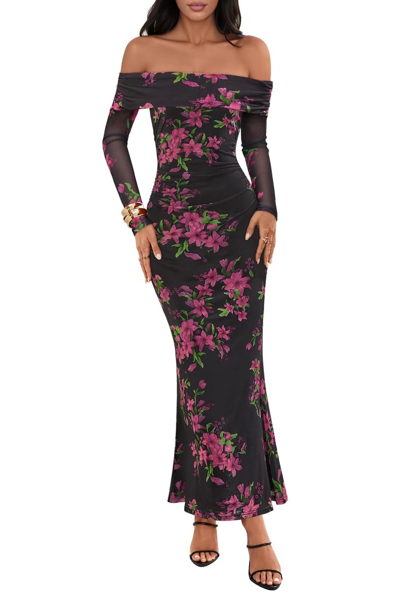 MEROKEETY Women's Fall Off Shoulder Floral Maxi Dresses Formal Long Sleeve Bodycon Cocktail Wedding Guest Dress, Black, Large - Image 1