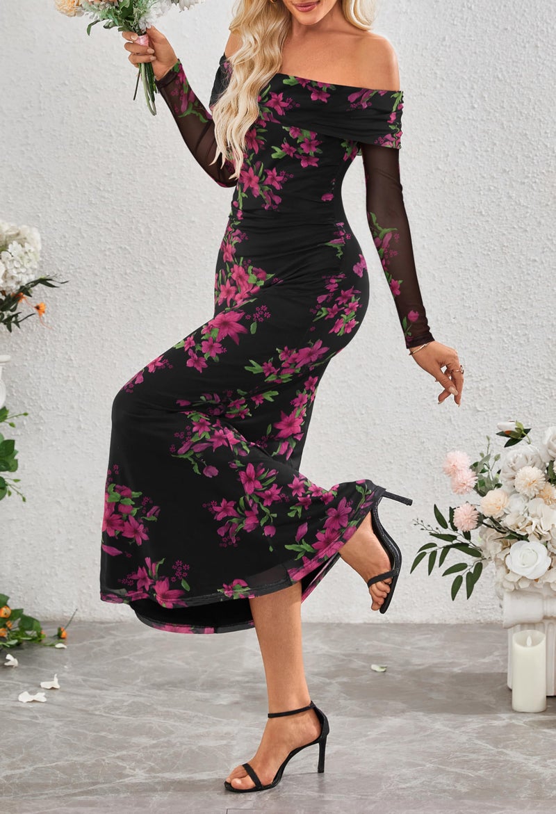 MEROKEETY Women's Fall Off Shoulder Floral Maxi Dresses Formal Long Sleeve Bodycon Cocktail Wedding Guest Dress, Black, Large - Image 3