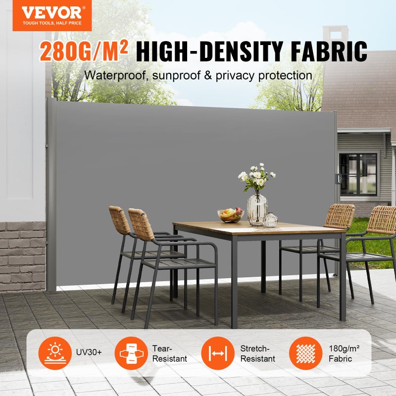 VEVOR Retractable Side Awning, UV 50 71''x118'' Full Aluminum Rust-Proof Outdoor Privacy Screen, 280 g Thicken Folding Room Divider Fence & Wind Screen for Backyard, Balcony, Roof Terraces, Grey - Image 2