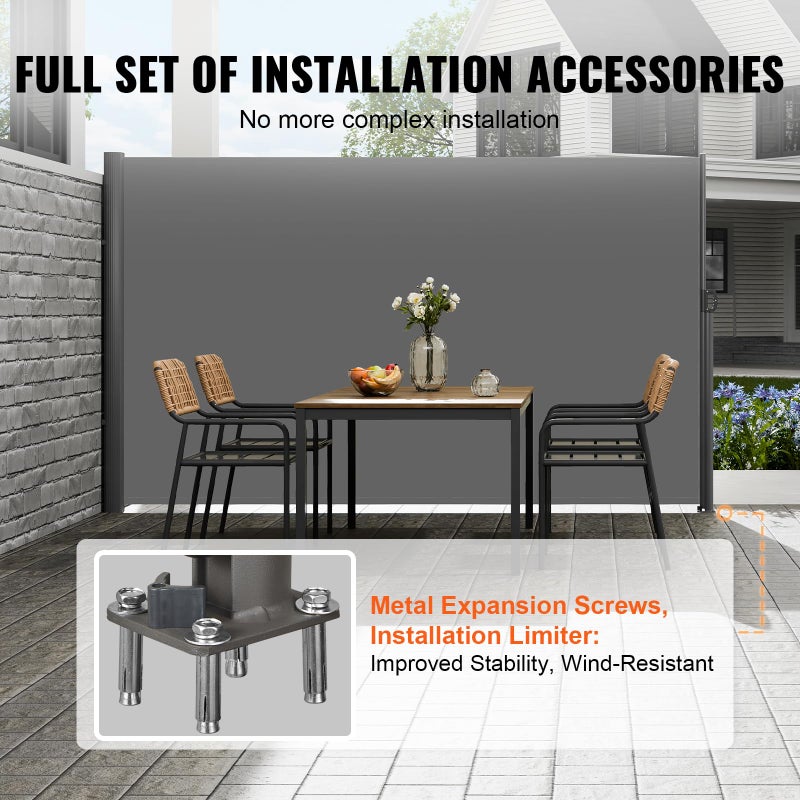 VEVOR Retractable Side Awning, UV 50 71''x118'' Full Aluminum Rust-Proof Outdoor Privacy Screen, 280 g Thicken Folding Room Divider Fence & Wind Screen for Backyard, Balcony, Roof Terraces, Grey - Image 4