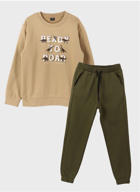 Crew Neck Printed Long Sleeve Boy Sweatshirt and Sweatpants