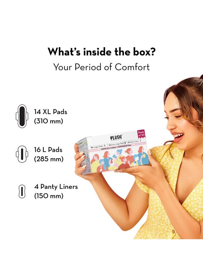 Plush Ultra-Thin Sanitary Pads For Women, 30 Cotton Sanitary Napkins- Pack Of 2 | 14 Medium Flow Xl + 16 Light Flow L + 4 Panty Liners For Rash Free Periods | Pure U.S. Cotton Pads With Disposable Pouch - Image 2