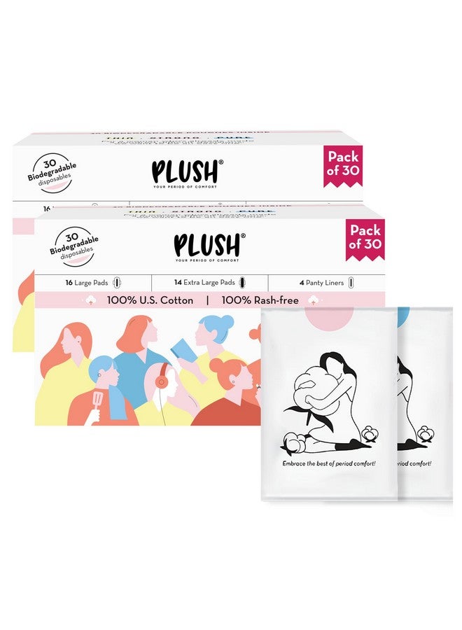 Plush Ultra-Thin Sanitary Pads For Women, 30 Cotton Sanitary Napkins- Pack Of 2 | 14 Medium Flow Xl + 16 Light Flow L + 4 Panty Liners For Rash Free Periods | Pure U.S. Cotton Pads With Disposable Pouch - Image 1