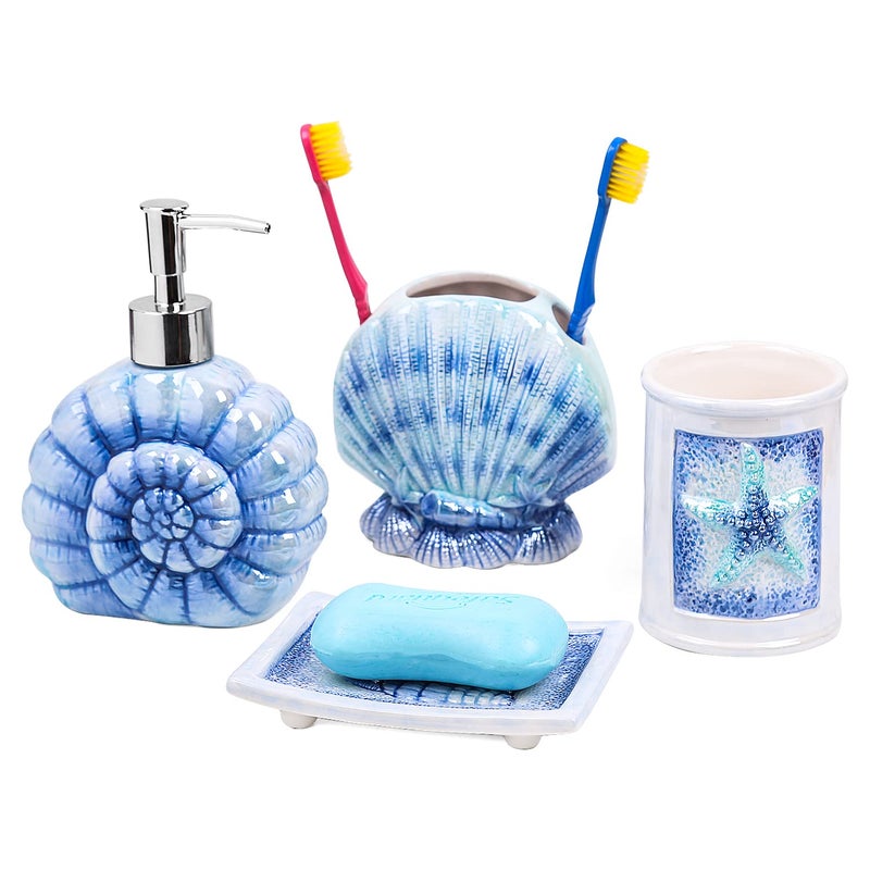 FORLONG Ceramic Ocean Bathroom Accessories Set 4 Piece 3D Conch Shell Bathroom Ensemble Set with Toothbrush Holder Toothbrush Cup Soap Dispenser Soap Dish Blue Light