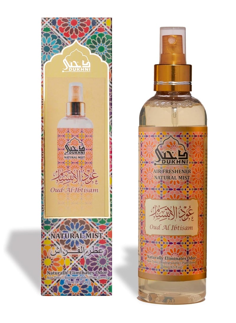 Dukhni Oud Al Ibtisam Attar Al Faraash 250ml - Non Alcoholic Air Freshener & Linen Spray. Perfect for prayer mat, home linens, spraying in the room & fabrics. 100% Halal & Alchohol Free - Image 1