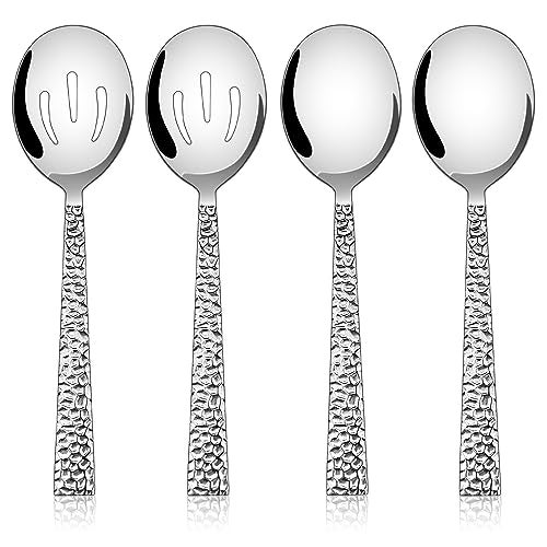 E-far Efar Hammered Serving Spoons 4Piece Stainless Steel Serving Utensils Set Includes Slotted Solid Spoons Metal Hostess Tablespoons for Catering Buffet Party Kitchen Restaurant - Image 1