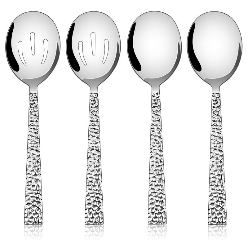 E-far Efar Hammered Serving Spoons 4Piece Stainless Steel Serving Utensils Set Includes Slotted Solid Spoons Metal Hostess Tablespoons for Catering Buffet Party Kitchen Restaurant - Image 2