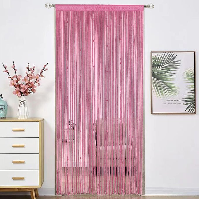 BEADED CURTAIN BEADS DOOR STRING CURTAINS IDEAL FOR LIVING ROOM DECOR WALL HANGING FRINGE DOORWAY DIVIDER BEDROOM BACKDROP HIPPIE WINDOW CLOSET PRIVACY ROD POCKET DENSE 100X200CMPINK