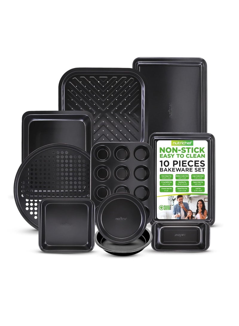 NutriChef 10-Piece Non-Stick Baking Pans Set - Deluxe Carbon Steel Bakeware Set w/ Cookie Sheets, Muffin Pan, Roasting Pan, Cake Pan, Baking Tray, Pizza Pan - Easy to Clean, Black - Image 1