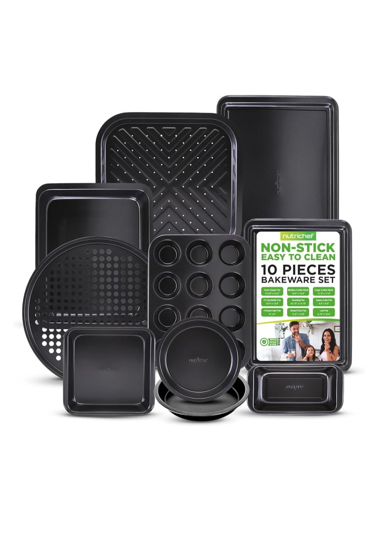 NutriChef - NutriChef 10-Piece Non-Stick Baking Pans Set - Deluxe Carbon Steel Bakeware Set w/ Cookie Sheets, Muffin Pan, Roasting Pan, Cake Pan, Baking Tray, Pizza Pan - Easy to Clean, Black - Image 1