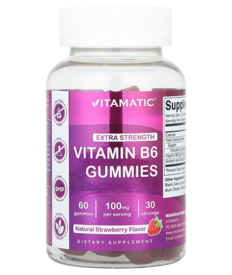 Vitamatic Vitamin B6 Natural Strawberry 60 Gummies (50 mg per Gummy)