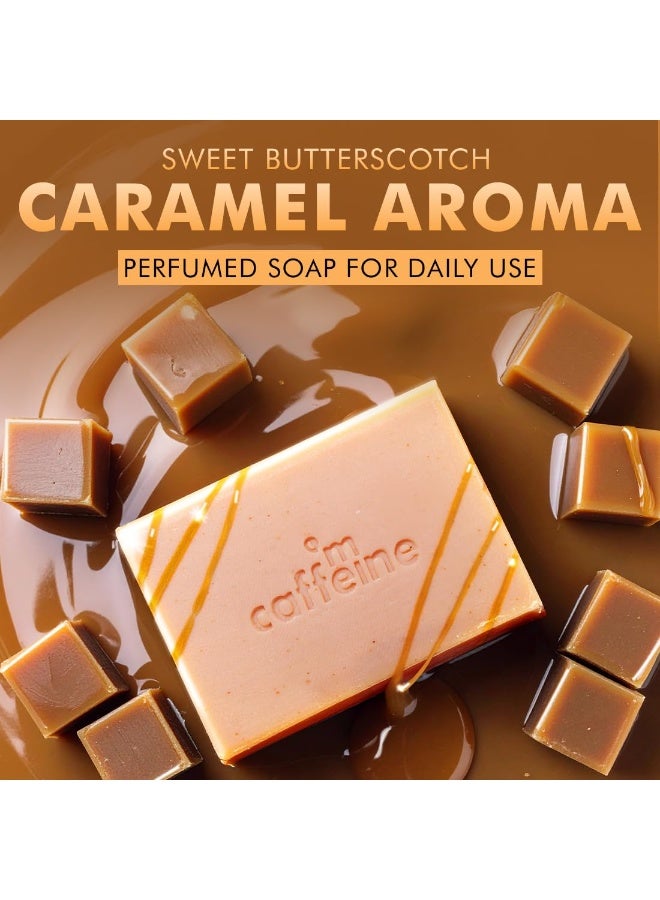 إم كافيين صابون مكافيين المقشر لإزالة السمرة - 1% حمض الساليسيليك وحمض اللاكتيك - عبوة من 3 قطع (100 غرام) | قهوة وجزيئات مقشرة - بشرة ناعمة ومشرقة | صابون معطر برائحة الكراميل الحلو | صابون استحمام للنساء والرجال - Image 3