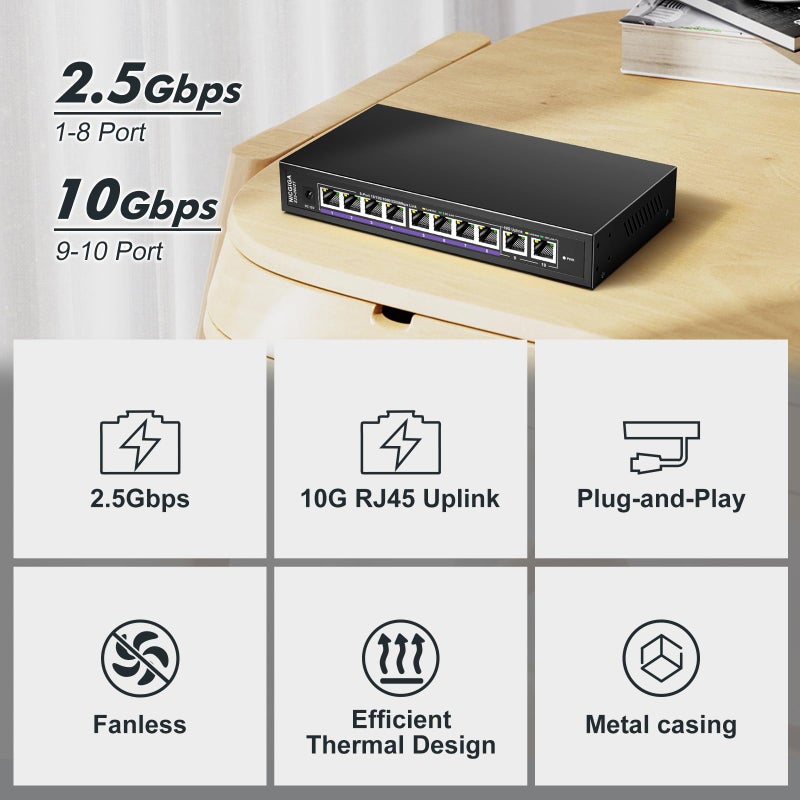 NICGIGA 10Gbe Ethernet Switch Unmanaged with 2 x 10Gb RJ45 Ports âž• 8 x 2.5Gb Base-T Ports, Desktop/Wall Mount NICGIGA 10 Port 10Gbps Network Switch for Wireless AP, NAS, PC - Image 3