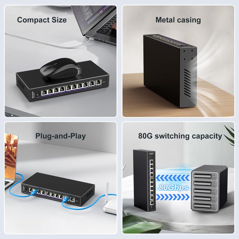 NICGIGA 10Gbe Ethernet Switch Unmanaged with 2 x 10Gb RJ45 Ports âž• 8 x 2.5Gb Base-T Ports, Desktop/Wall Mount NICGIGA 10 Port 10Gbps Network Switch for Wireless AP, NAS, PC - Image 5