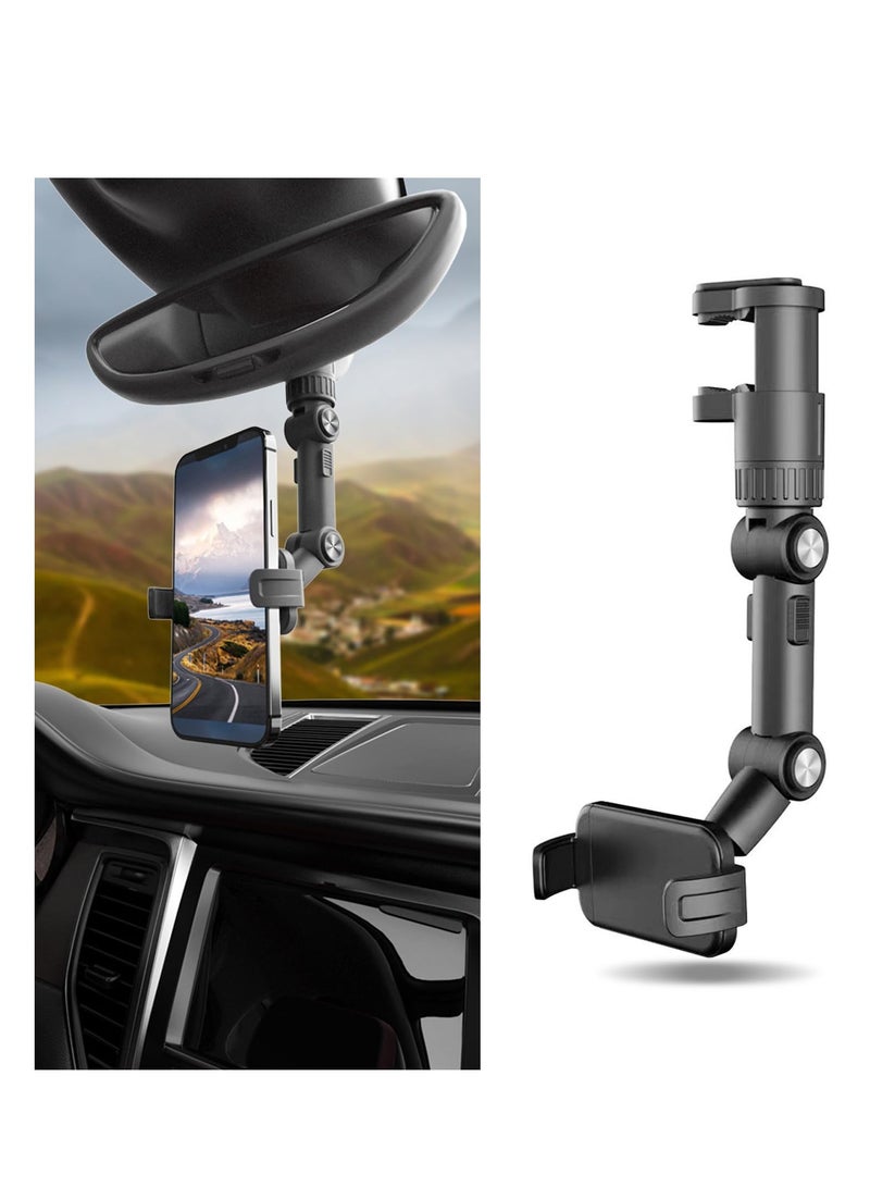 Universal Rotating Retractable Rearview Mirror Phone Holder for Car - Anti-Shake Multifunctional Design for Most Mobile Phones and GPS Devices (Black) - Image 1