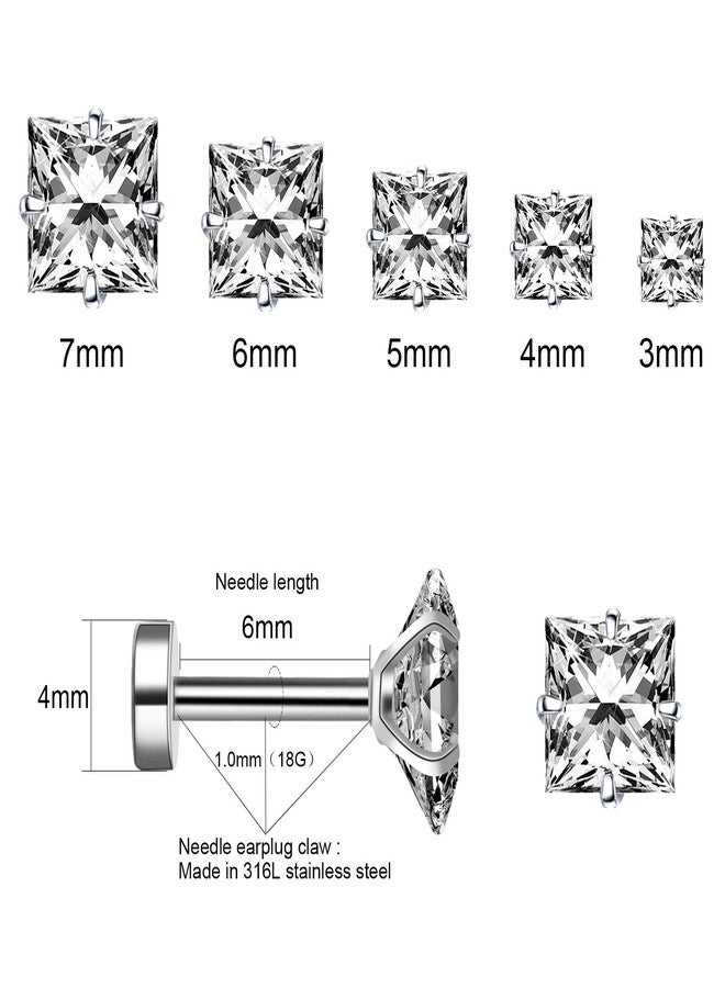 KWUNCCI Cubic Zirconia Stud Earrings Princess Cut Square CZ Hypoallergenic 316L Surgical Steel Helix Earrings for Women Men 5 Pairs (C) - Image 2