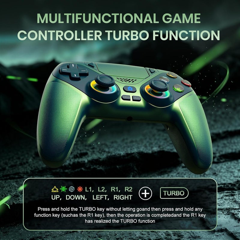 Gamrombo جهاز تحكم لاسلكي Gamrombo LED لـ PS5، اهتزاز مزدوج، وظيفة ماكرو/توربو متوافق مع PS5 Pro/Slim/PC، مقبس صوت 3.5 مم، عصا تحكم بستة محاور مع مكبر صوت (أخضر معدني) - Image 4