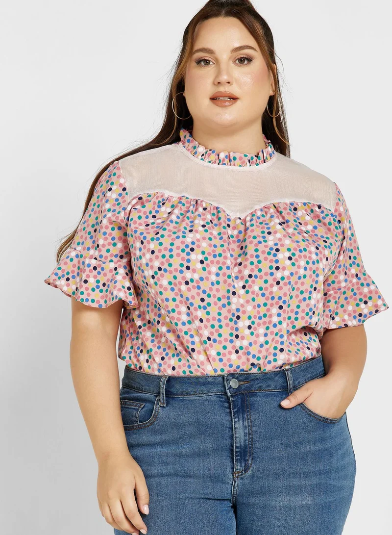 Ginger Plus Mesh Panel Bell Sleeve Printed Top