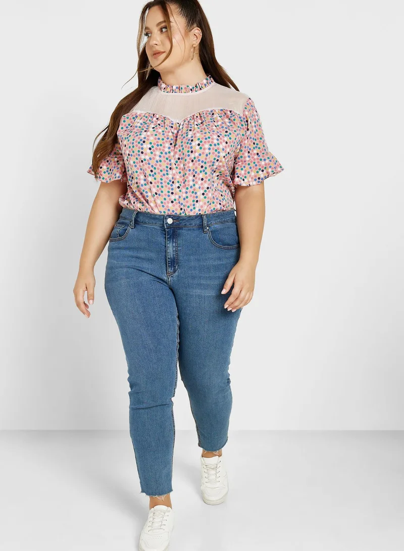 Ginger Plus Mesh Panel Bell Sleeve Printed Top