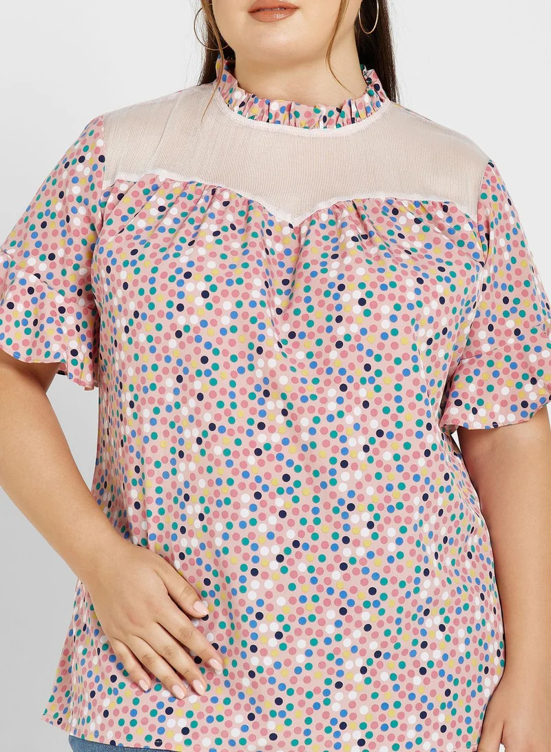 Ginger Plus Mesh Panel Bell Sleeve Printed Top