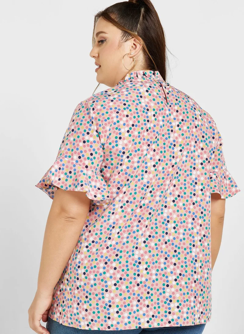 Ginger Plus Mesh Panel Bell Sleeve Printed Top