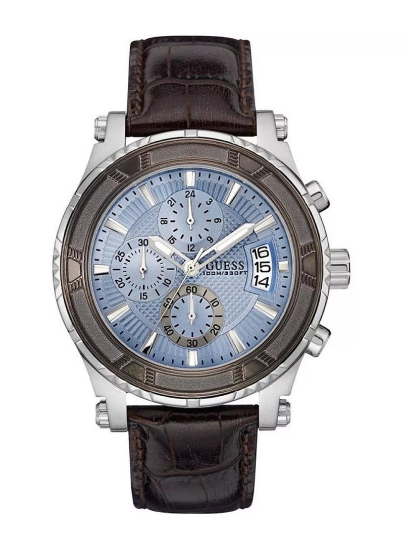 Guess W0673G1 Pinnacle Chronograph Men's Watch – Blue Sunray Dial, Brown Leather Strap, 46mm Quartz - Image 1
