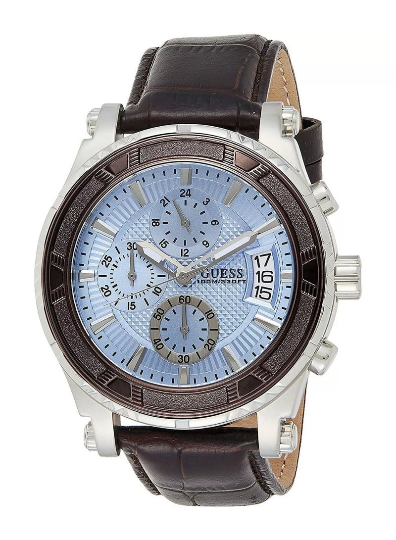 Guess W0673G1 Pinnacle Chronograph Men's Watch – Blue Sunray Dial, Brown Leather Strap, 46mm Quartz - Image 2