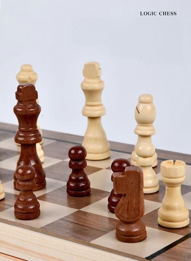 DELGREEN 2-in-1 Chess & Checkers Set - Premium Wooden Magnetic Board, Portable Folding Game - Image 4