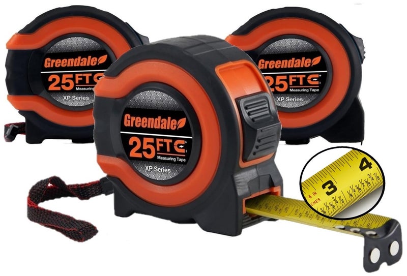 Greendale 3 Pack Tape Measures 25 ft Easy to Read Fractions to 18th inch Magnetic Tip Thumb and Quick Lock Autowind Belt Clip Measuring Tapes Retractable RedOrange