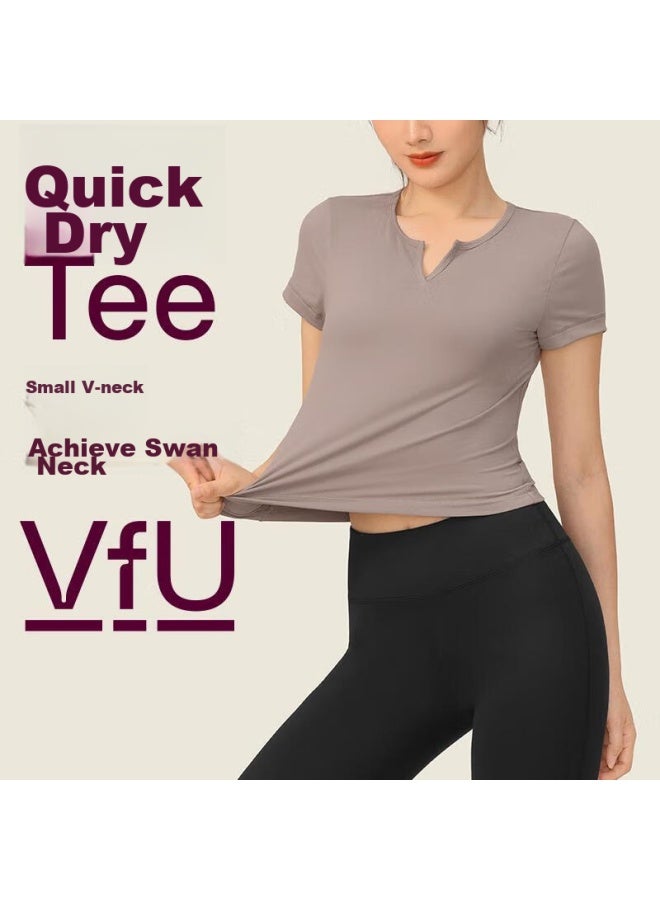 Vfu Sports T-shirt, Short Sleeve For Women, Breathable, Quick-drying, Yoga Wear, Running Fitness Training Clothing, Milk Coffee Color, XL Size - Image 1