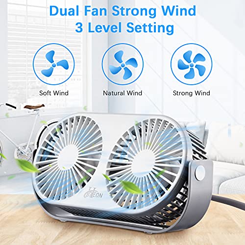 Hoteon Small Table Fan for Home, Portable USB Fan for Office, Double Fan with Dual Modes, 360° Vertical Rotation, 3 Speeds, Strong Wind Desk Fan, Quiet Operation, Gray - Image 2