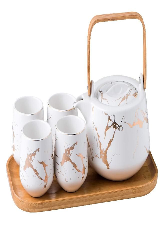 Jusalpha Jusalpha Marble Porcelain Teapot Set, Modern Japanese Tea Pot with Infuser for Loose Tea (40 OZ), 4-Piece Tea Cups (6.7 OZ) with Bamboo Tray - Tea Cups Set for Home and Restaurant, FDJPT4 (White)  - Image 2