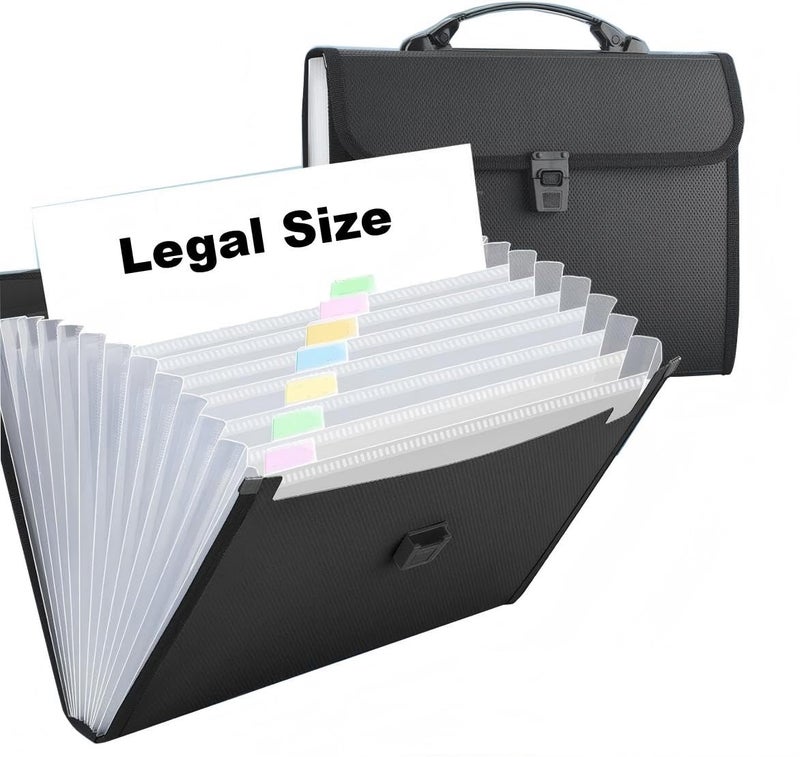 TRANBO Extra Large Legal Size/Foolscap 12 Pockets Accordion File Organizer with Handle, TRANBO Portable Expanding File Folder, Expandable Plastic Document Organizer for Travel School Office - Black - Image 1