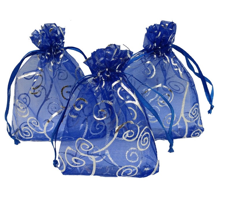 Ankirol 100pcs Sheer Organza Favor Bags For Wedding Baby Shower Rattan Print Gift Bags Samples Display Drawstring Pouches (3x4 inch, blue) - Image 1
