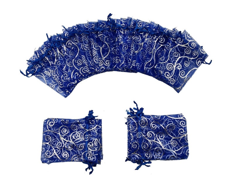 Ankirol 100pcs Sheer Organza Favor Bags For Wedding Baby Shower Rattan Print Gift Bags Samples Display Drawstring Pouches (3x4 inch, blue) - Image 2