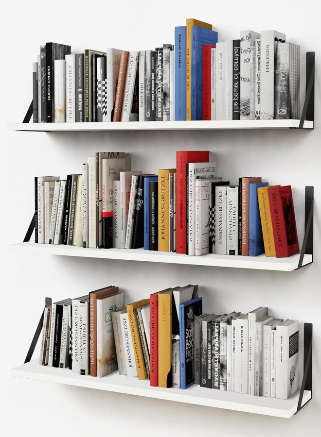 Forbena White Floating Book Shelves for Wall, 36 Inches Long Wall Shelves with Metal Brackets for Bedroom, Large Floating Bookshelf Bookshelves for Living Room Office Classroom (White Wood) - Image 1