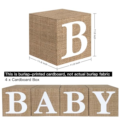 Unidemo Burlap Print Baby Shower Boxes for Gender Reveal Party Gender Neutral Baby Shower Centerpiece Decor - 4 Pcs Burlap Grain Baby Cubes Baby Blocks with Letters, Rustic Baby Shower Decorations - Image 2