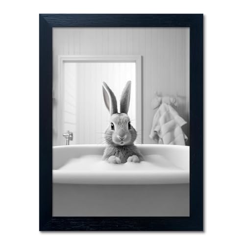 Melpa Art Kids Bathroom Decor Black and White Cute Animal Canvas Wall Art Funny Rabbit in Bathtub Framed Farmhouse Picture Wall Decor Print Artworks for Bathroom - Image 1