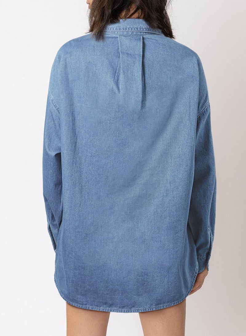 Astylish Womens Blouses and Tops Dressy Denim Shacket Shirt V Neck Versatile Long Sleeve Button Down Cowboy Jacket Beau Blue Small - Image 3