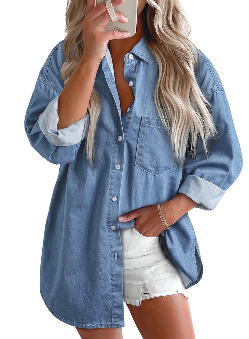 Astylish Womens Blouses and Tops Dressy Denim Shacket Shirt V Neck Versatile Long Sleeve Button Down Cowboy Jacket Beau Blue Small - Image 1