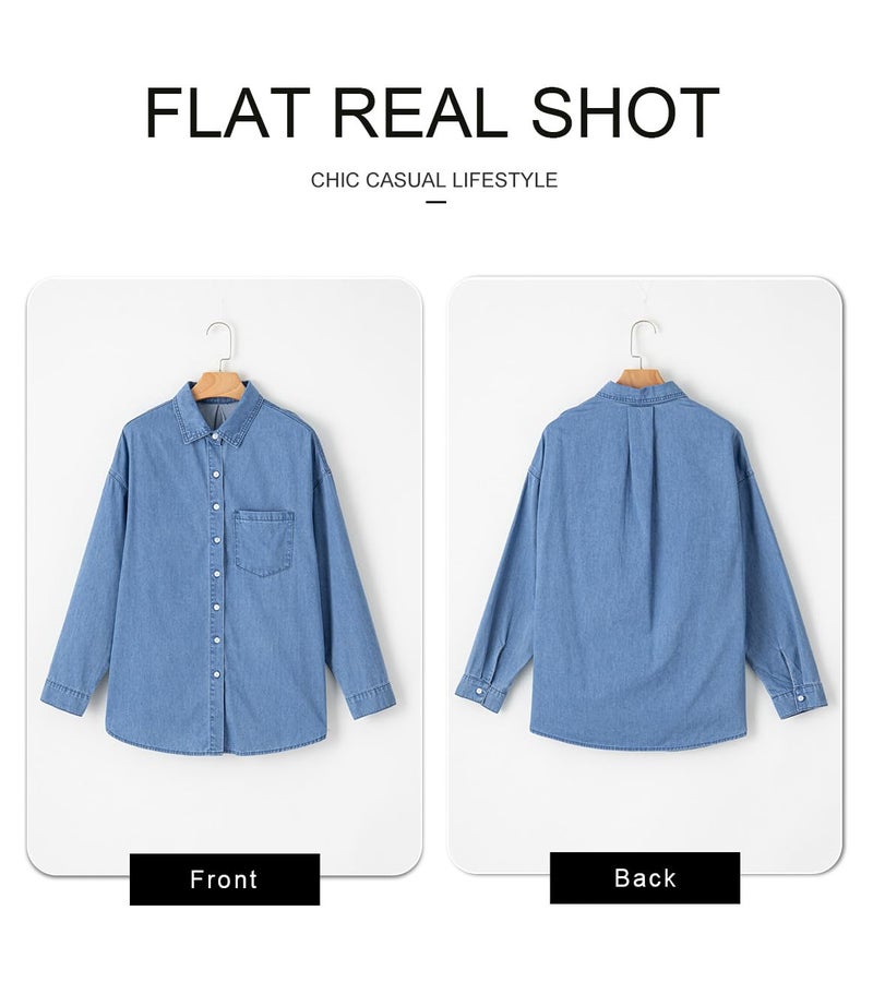 Astylish Womens Blouses and Tops Dressy Denim Shacket Shirt V Neck Versatile Long Sleeve Button Down Cowboy Jacket Beau Blue Small - Image 5